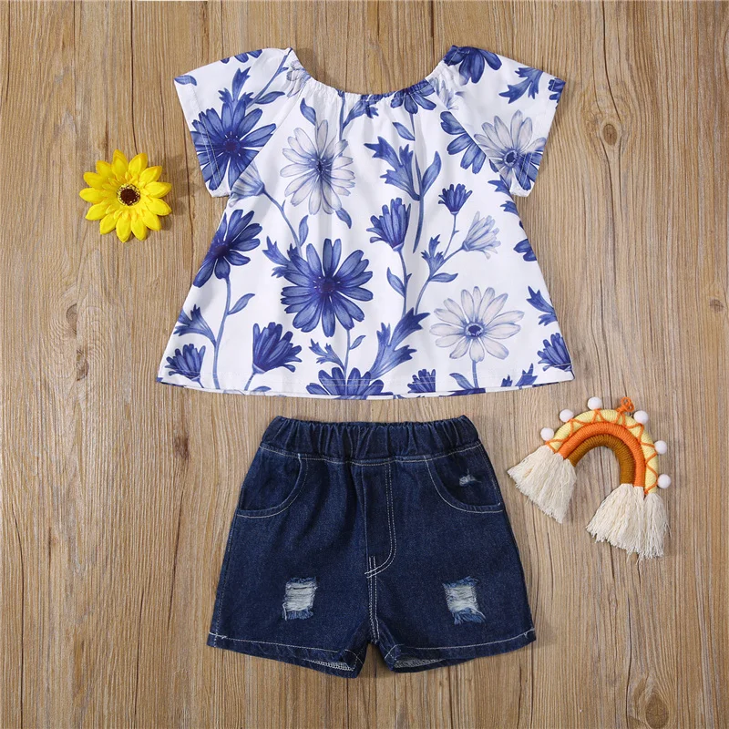 

2pcs Little Girls Summer Cotton Outfit, Navy Floral Printed Pattern Short Sleeve O-Neck Casual Cool Tops and Shorts,1-6 Years