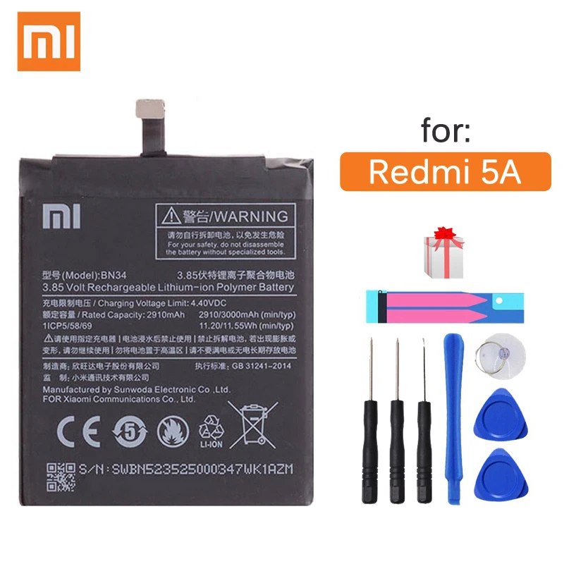Оригинальный аккумулятор Xiao Mi BN34 сменная батарея для телефона Xiaomi Redmi 5A 5 0 дюймов