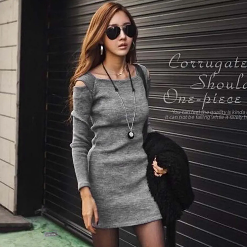 Женское облегающее платье с открытыми плечами Осеннее однотонное длинными