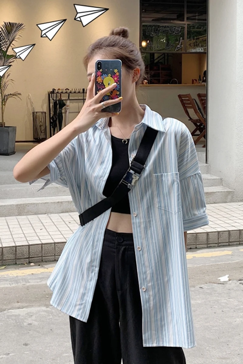 Рубашка женская в синюю полоску повседневная простая тонкая блуза с коротким