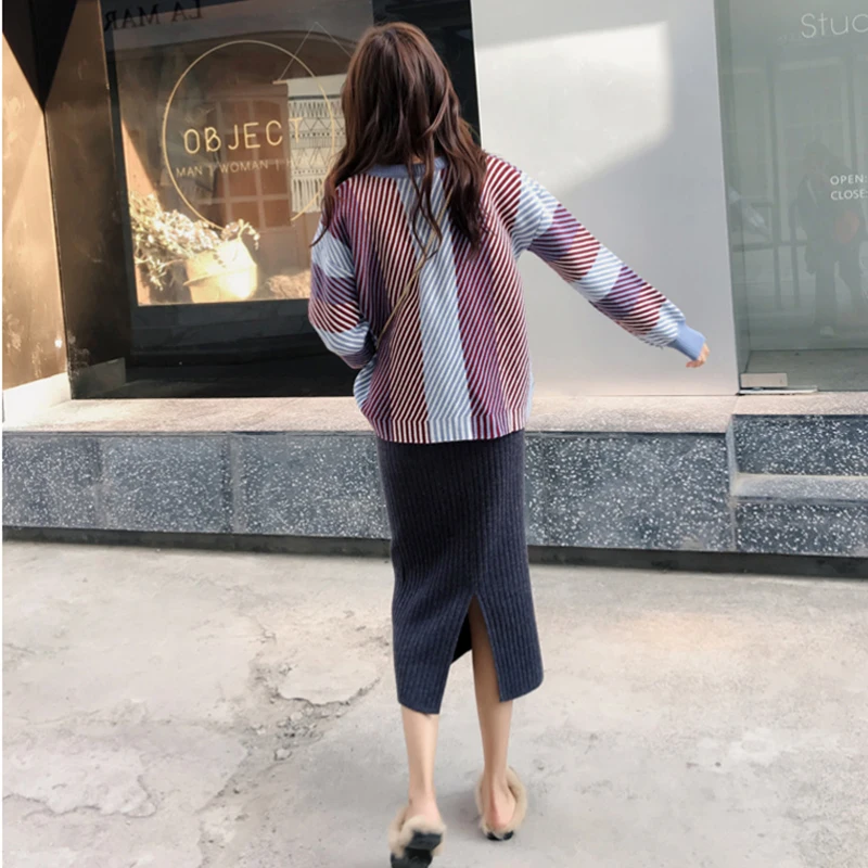 

Women's fashion suit 2020 new spring autumn Korean knit suit high waist striped knitted A-line skirt suit female 42a