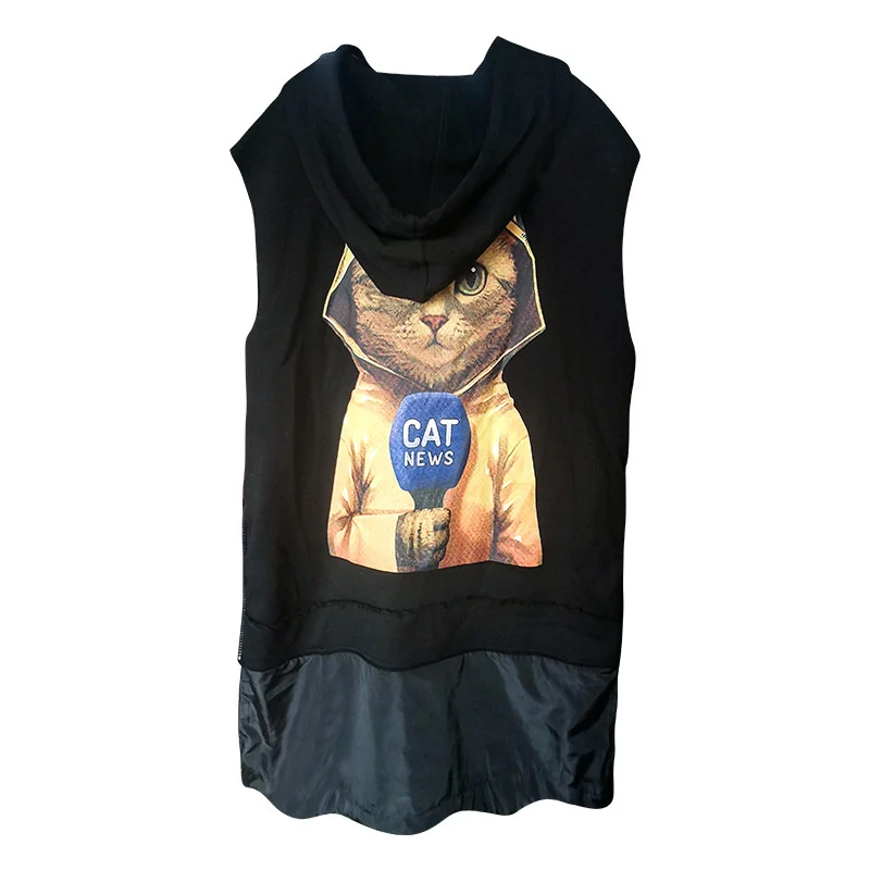 

QING MO Cartoon Print Sleeveless Dress Women 2021 Summer Hooded Female Dress Fashion Letter Print Patchwork Dress Loose QYF303A