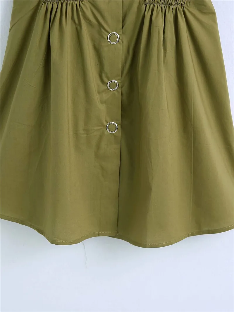 

TMODA1700 Za 2021 Women Vintage Turn Down Collar Short Sleeve Amygreen Shirt Dress Femme Chic Elastic Waist Casual Slim Vestido