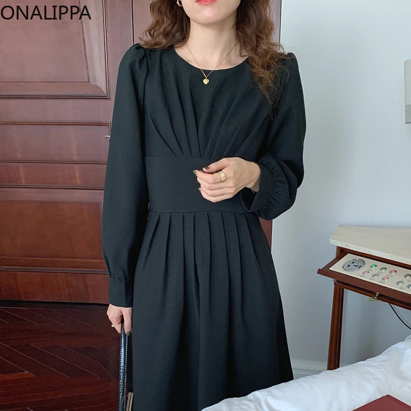 

Onalippa 2021 элегантное женское весенне-осеннее универсальное платье в стиле ретро с круглым вырезом и складками однотонное приталенное платье ...