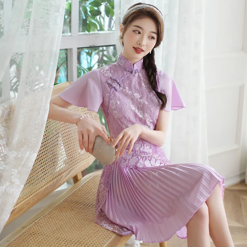 Вечерние нее женское шифоновое кружевное фиолетовое современное Ципао|modern cheongsam