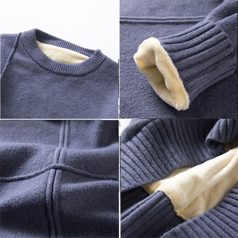 

Winter Men's Plus Velvet Padded Sweater Round Neck 2020 Winter Casual Long-Sleeved Sweaters Warm Men's Solid Color Loose Tops