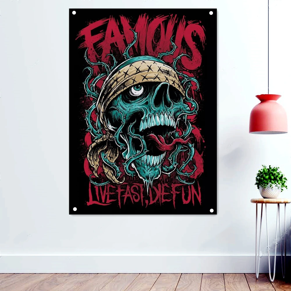 

FAMOUS LIVE FAST DIEFUN Dark Metal Band Artwork Banners Wall Sticker Scary Bloody Skull Background Wallpaper Rock Music Flag