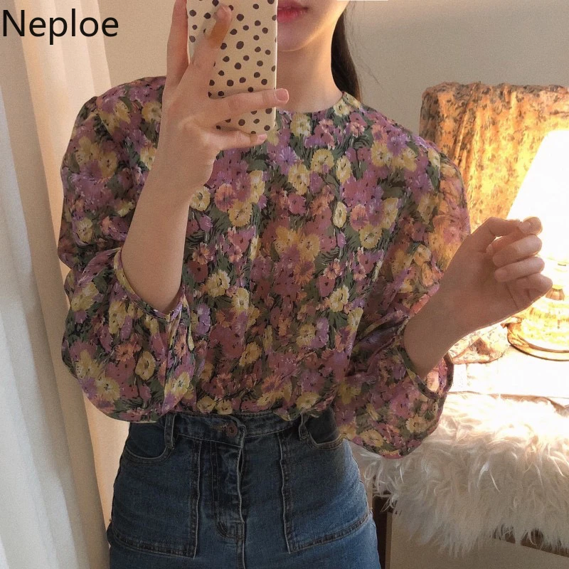 Женская блузка с цветочным принтом Neploe Корейская круглым вырезом и длинными