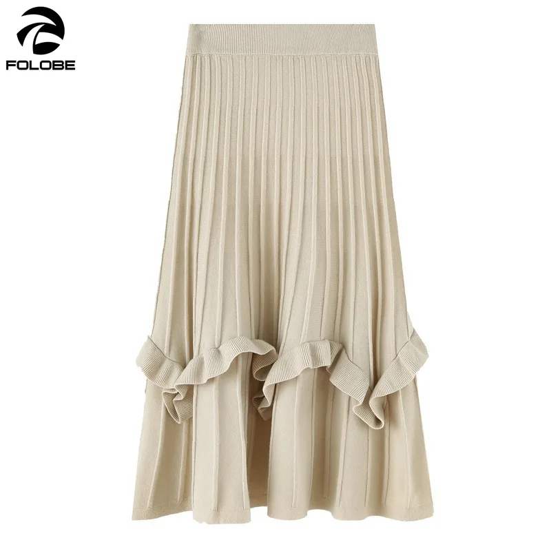 

FOLOBE Autumn Winter Korean Knitted Skirt Women Ruffles High Waist A Line Mid-Calf Length Slim Thick Warm Long Skirt Female 2021