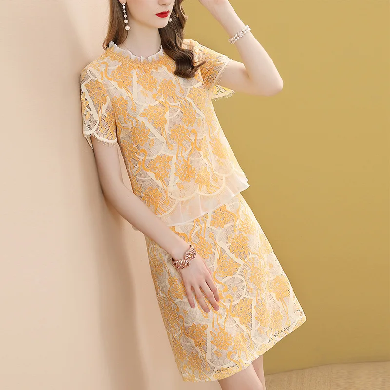 

Office Ladies Elegant Floral Lace Top Skirt Set Matching Sets Two 2 Piece Womens Suits Vintage Retro Formal Outfits Plus Size