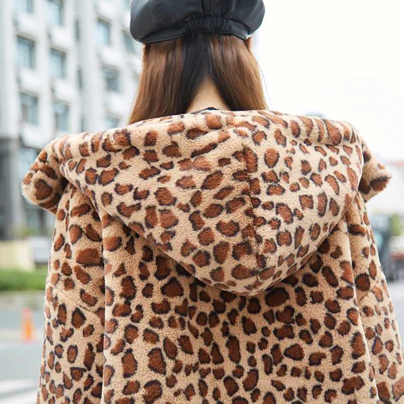 Пальто с искусственным мехом леопардовое длинное пальто капюшоном кроличьим