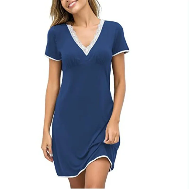 Spring and Summer New Women's Nightdress Lace V-neck Short-sleeved Sexy Sleepwear Women Casual Home Wear Nightwear Sleep Tops