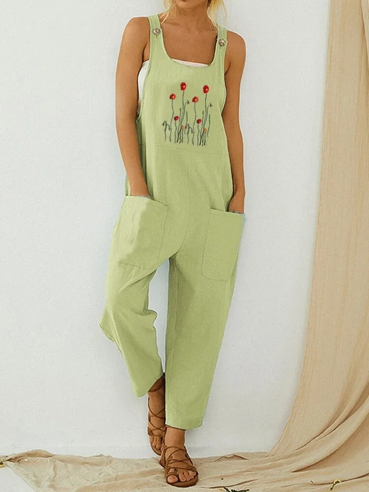 

Women Loose Plus Size with Pocket Jumpsuit Causal Overalls Embroidery Flower Leisure Pants Cool Style Large Size Jumpsuit Pants
