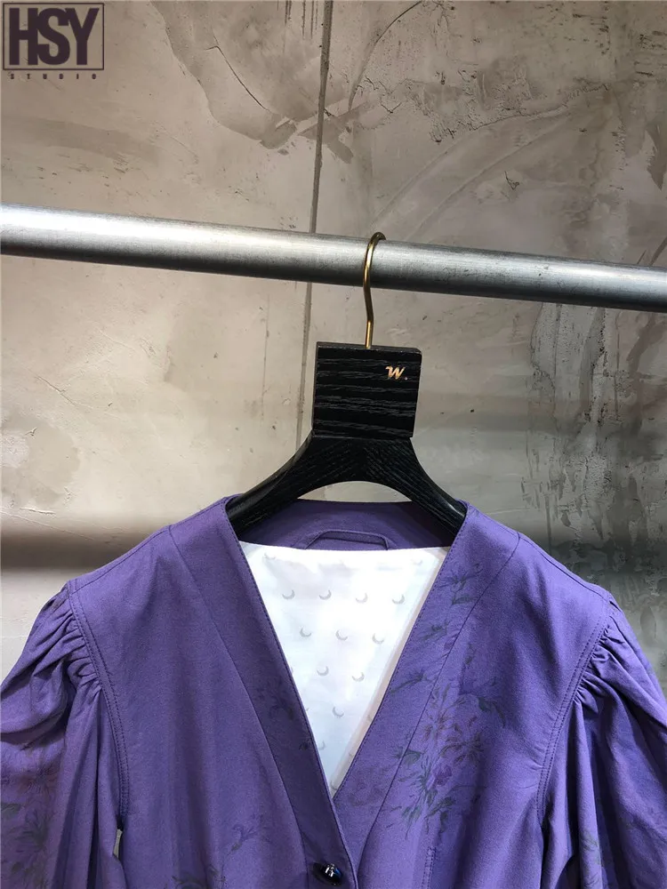 【HSY】2019 осень зима новые женские пышные рукава пуговицы украшения фиолетовый