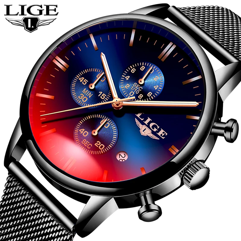 Часы наручные LIGE Мужские кварцевые роскошные брендовые модные повседневные