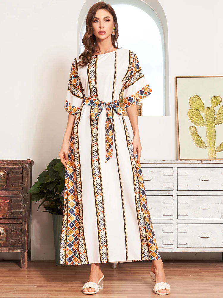 

New Women Summer Boho Long Dress White Fashion Tribal Print Batwing Half Sleeve Belted Kaftan Holiday Style Maxi Dresses