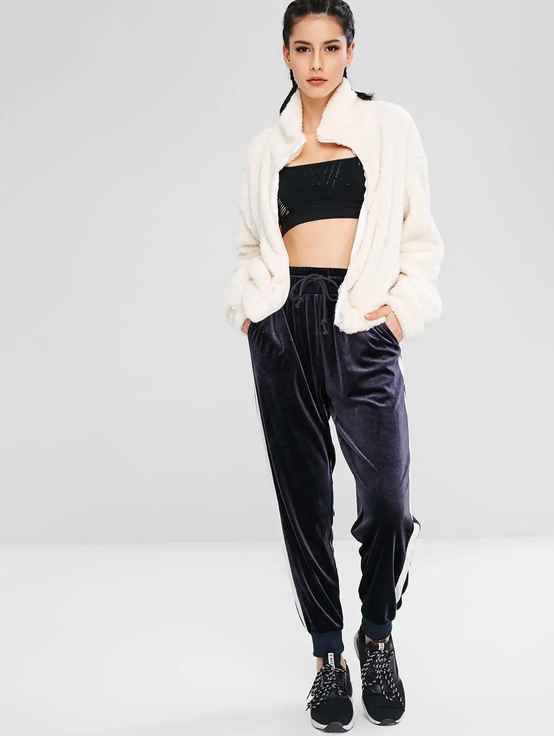 ZAFUL пушистая плюшевая куртка на молнии с заниженным плечом женские зимние теплые