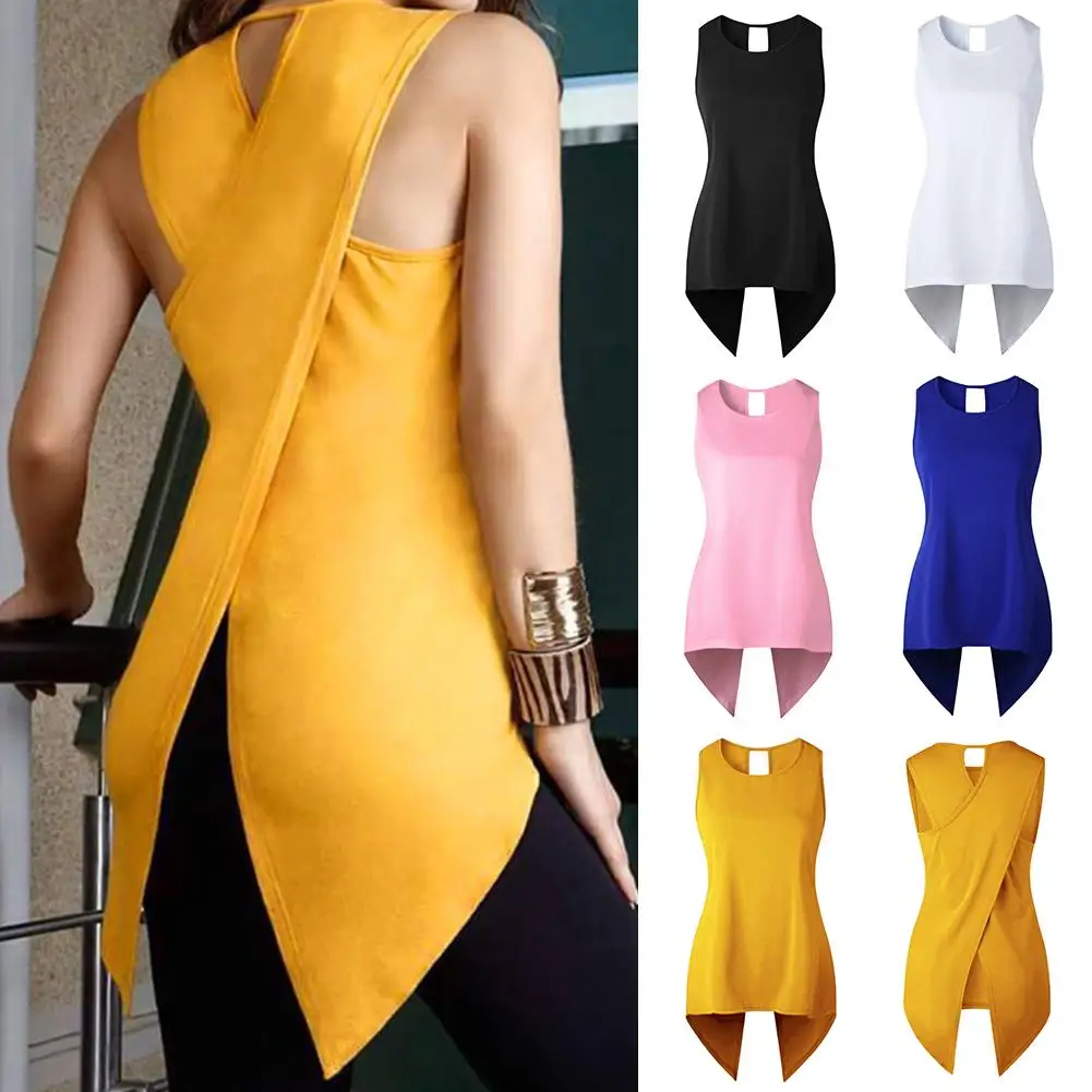 Сексуальная леди сплошной цвет без рукавов Круглый вырез сзади разрез неровный