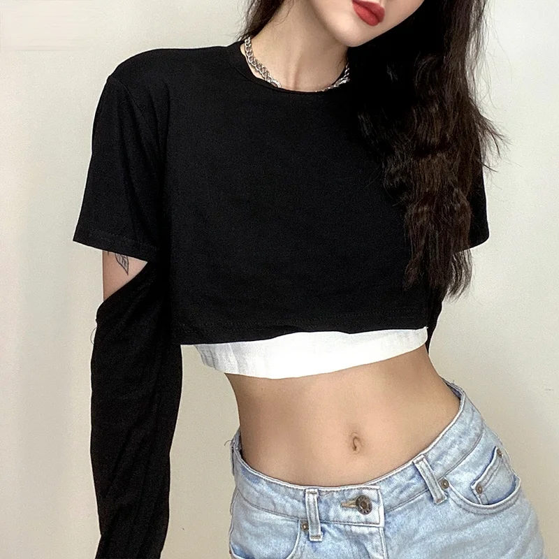 

Fashion Casual Women's T-shirt Summer Sweatshirt Plus White Camisole Fake 2 Pieces of Pure Cotton T-shirt High Street All-match