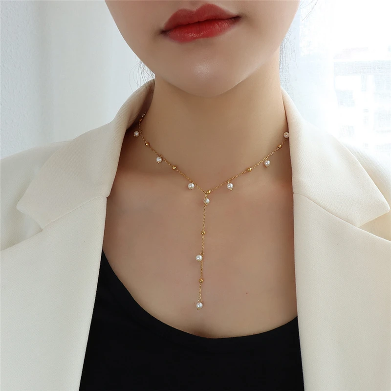 

Luxury Designs Gold Color Stainless Steel Chain Necklaces Bohemain Multi Pearl Choker Colar Tassel Jewelry Gifts for Women 2021