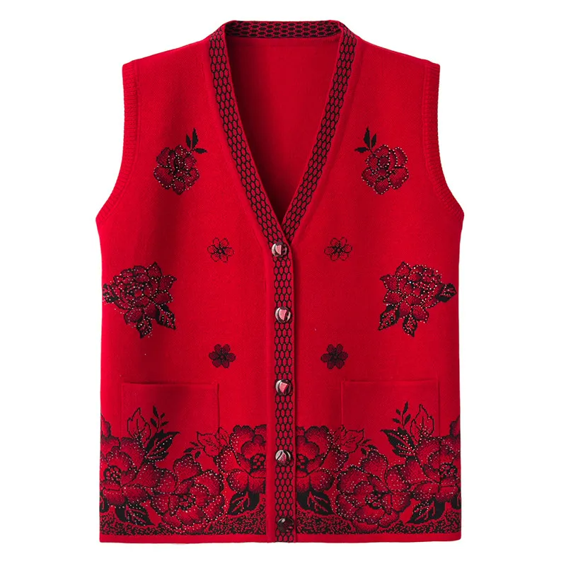 

Plus size Middle-aged Women Knitted Vest Spring Autumn New Printed V-neck Sweater Vests Coat Female Fashion Cardigan Coat Tops
