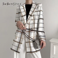 twotwinstyle elegant striped plaid blazer for women notched long sleeve hit color straight blazers female spring fashion stylish