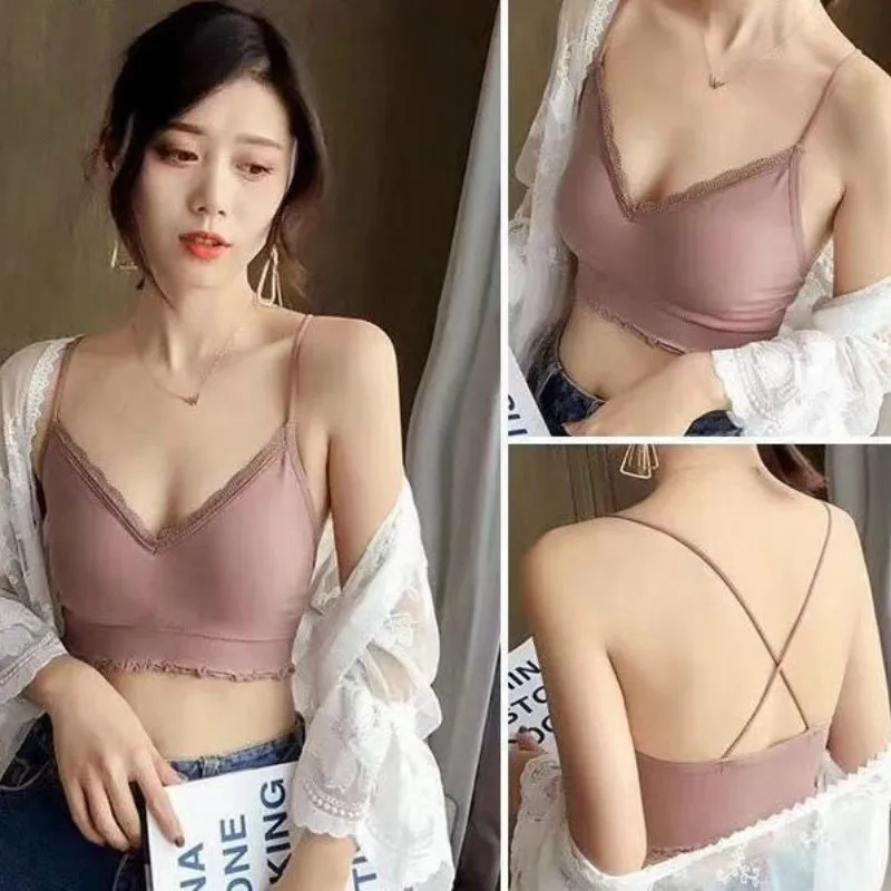 Кружевной топ Бюстгальтер без рукавов с V образным вырезом женские майки