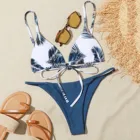 Женский модный комплект бикини, пикантный однотонный купальник-бикини с принтом листьев, Раздельный купальник с высокой талией, сексуальный контрастный купальник F4 *