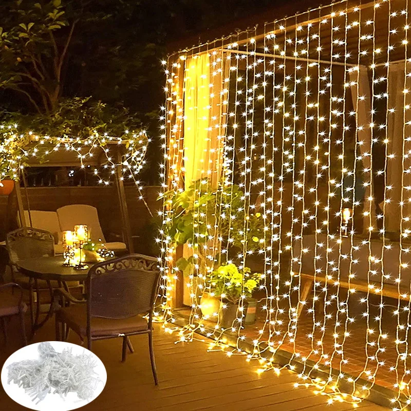 

LED Remote Control Curtain Light String 6m*3m Starry Icicle Lights Christmas Festoon Strip Holiday Decoration Flash Lamp 8 modes