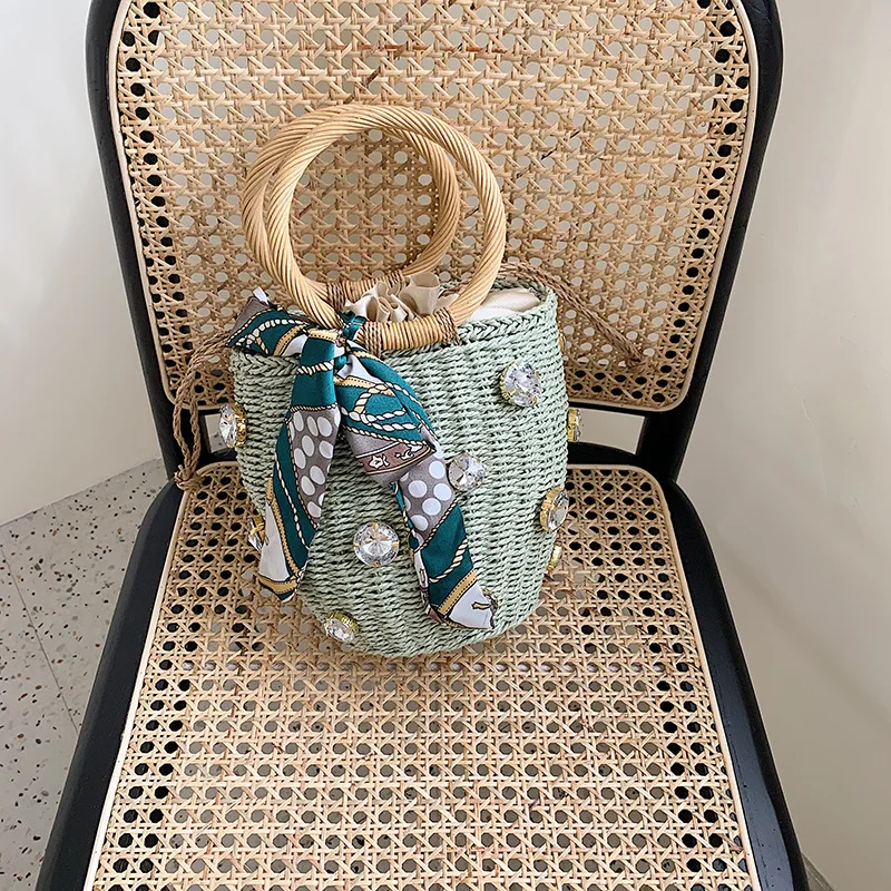 

Bag Bohemian Leisure Straw Bag Bucket Knitting Shoulder Crossbody Beads Beach Bag Round Rattan Handmade Diamond Pearl Summer