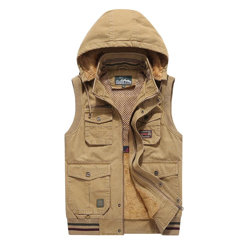 

men's hooded cotton fur vest standing-collar simplified fashion multiple pocket waistcoat spring and autumn wear middle-aged pho