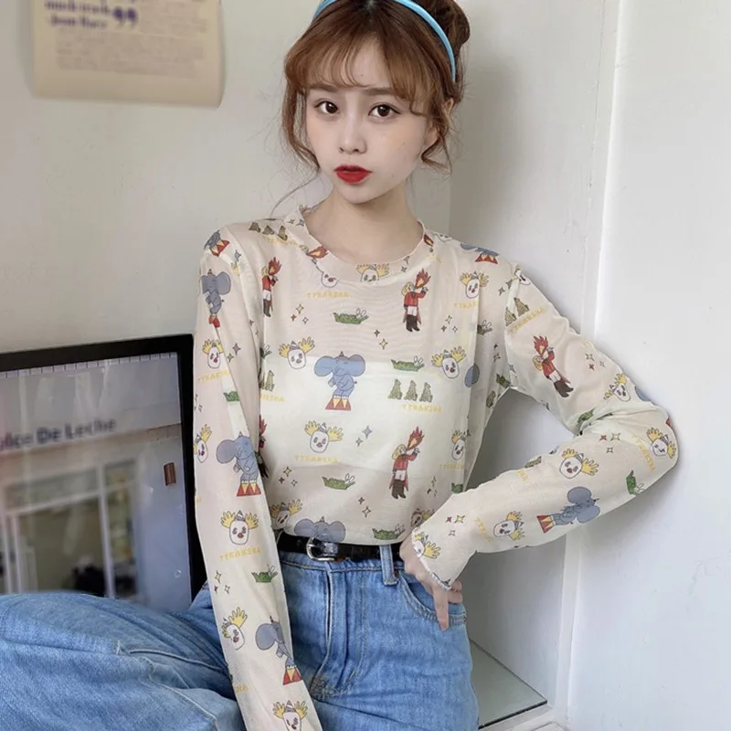 

Summer Women Beach Style Cartoon Print Gauze T-shirt Fashion Sunscreen Bikini Cover Up Casual Tops Multi-color