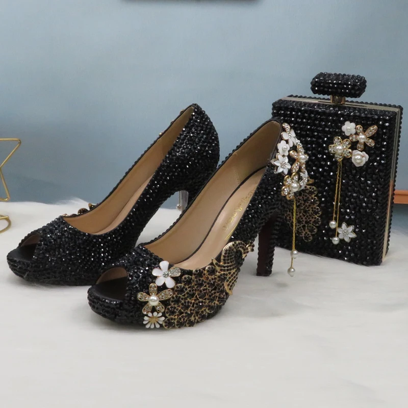 BaoYaFang Open Toe Black crystal Peacock Party Dress Wedding shoes Bride woman High heel platform shoes Ladies Female Pumps