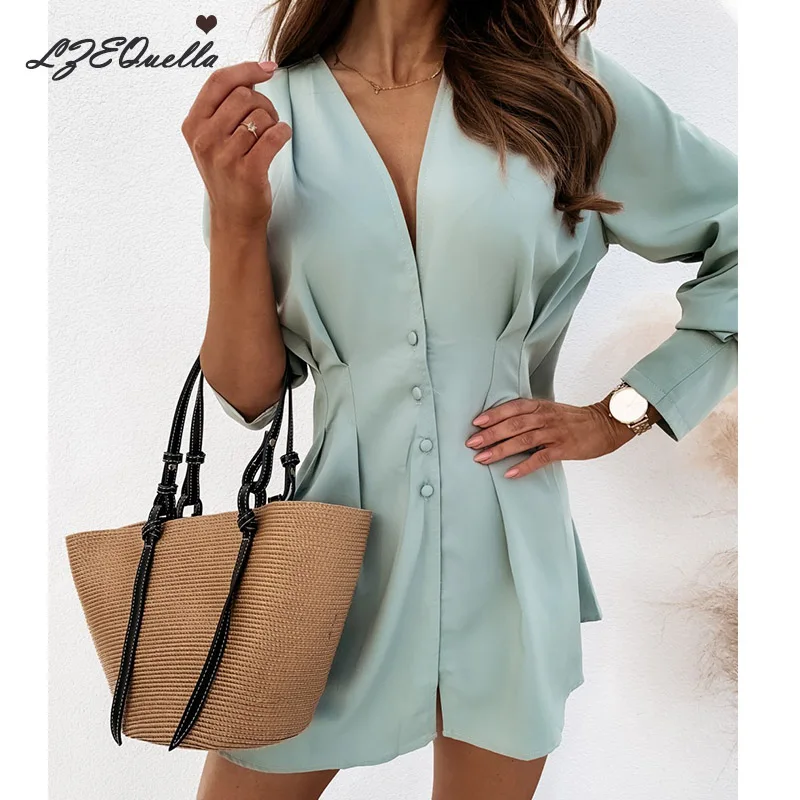 

LZEQuella women summer v neck button high waist shirt dress sweet girl long sleeve OL mini dresses vestidos NZ2381