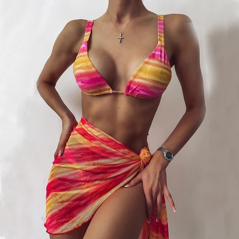 

3 Pcs Leopard Tie Dye Print Bikini Bra Thong Bottoms Cover Up Sexy Women Separate Swimsuit Bathing Suit Brazilian Biquini