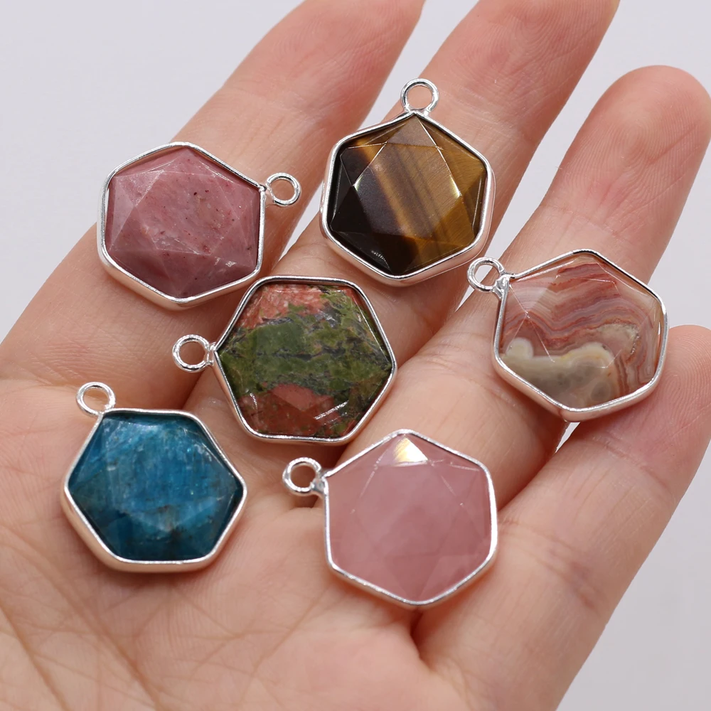 

Natural Semi-precious Stone Hexagon Irregular Pendant Rose Quartz Tiger Eye 16x40mm for Jewelry Making Necklaces Gift