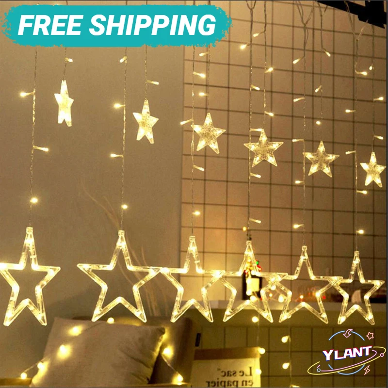 

SWT 2,5 м светодиодная гирлянда-занавеска с Луной и звездами, светильник ственская гирлянда, световая гирлянда на окно, рождесветильник гирлян...