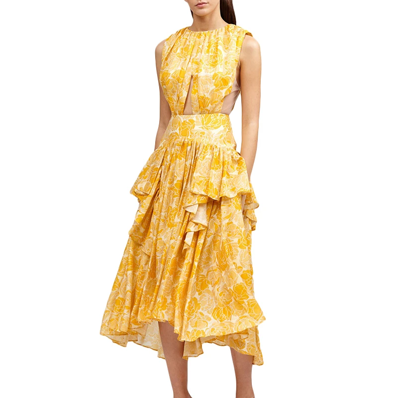 Женское асимметричное платье TWOTWINSTYLE белое элегантное с принтом круглым вырезом