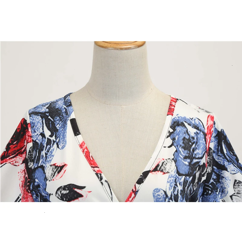 Bebovizi Women 2019 Summer Dresses Casual Office Elegant Vintage Short White Dress Plus Size Flower Print Sexy V-Neck Vestidos |