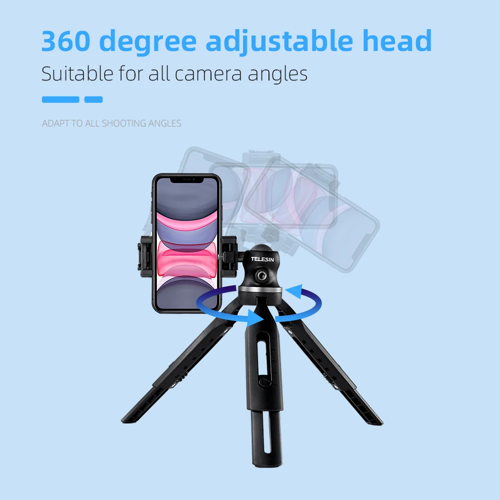 TELESIN Extendable Mini Tripod Phone Clip 360 Degree Ball Head With Cold Shoe Vlog for GoPro Camera iPhone Android DSLR | Электроника