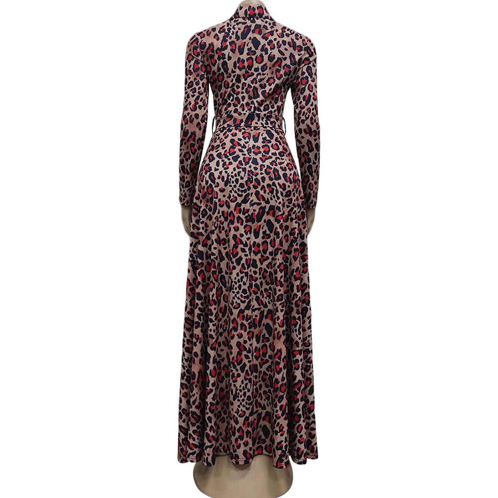 

Cheetah Leopard Print Retro Floor Length Dress Woman Sexy Deep V Neck Full Sleeve Bandage Dress Elegant Female Skinny Maxi Robe