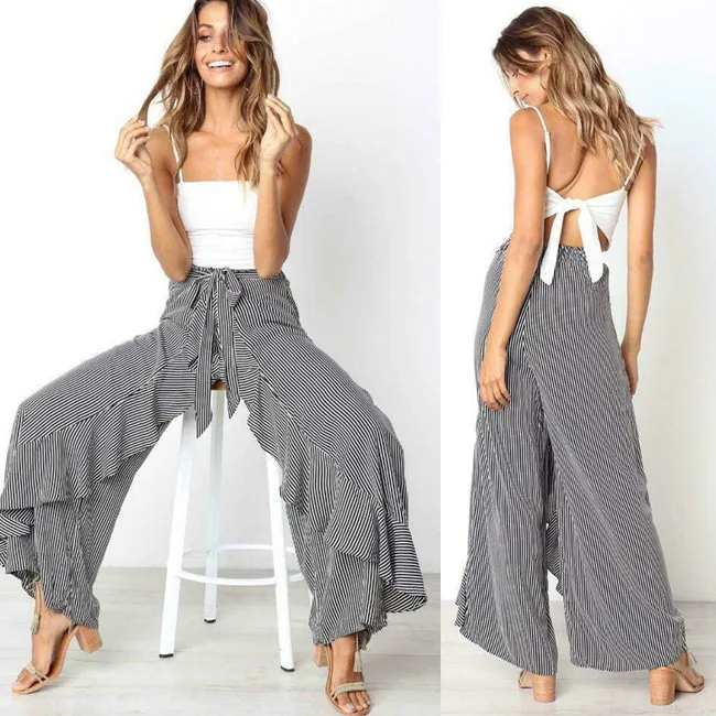 

Женские повседневные Простые свободные шаровары, летние пляжные брюки, длинные брюки в полоску с завышенной талией, широкими штанинами и об...