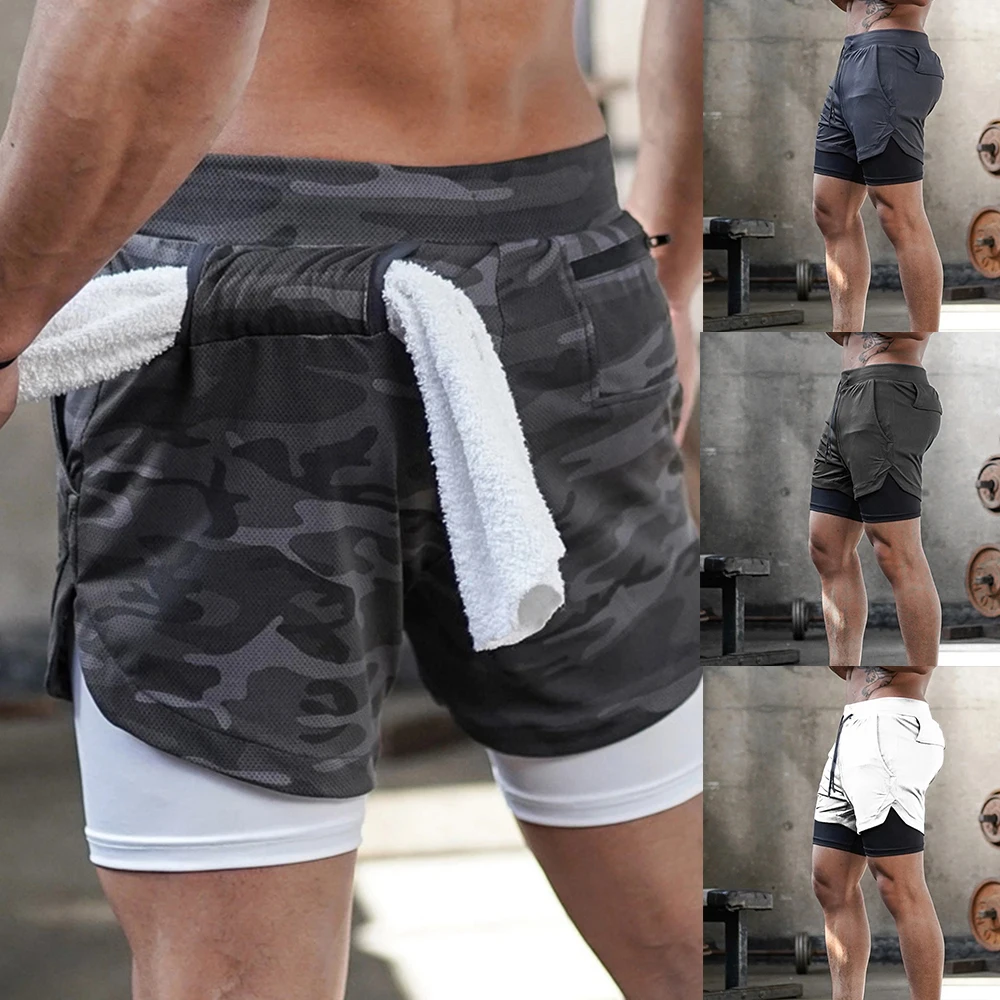 Новые двухслойные спортивные шорты для бега фитнеса летние быстросохнущие