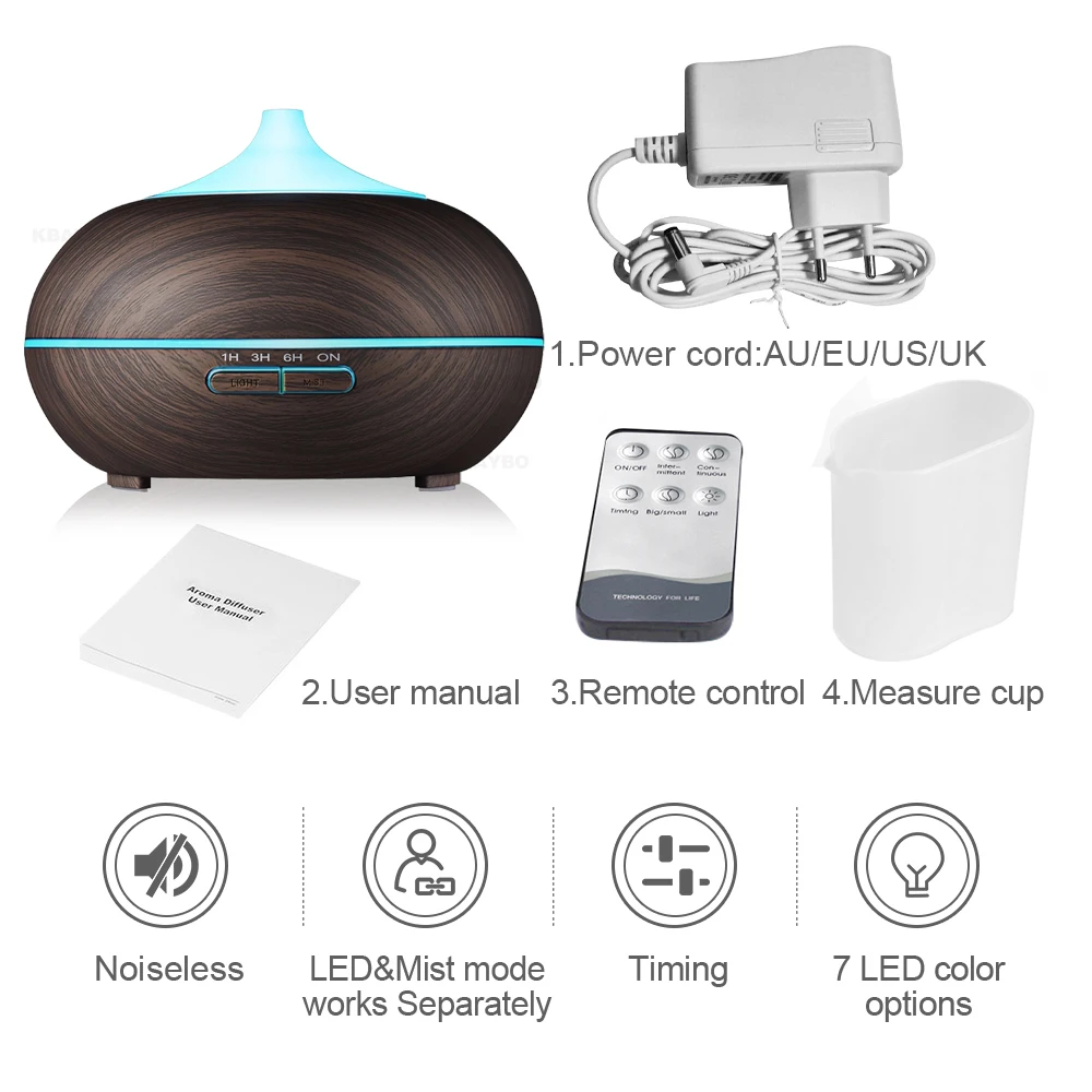 

Remote Control Ultrasonic Air Humidifier Aroma Essential Oil Diffuser with Wood Grain LED Lights for Home