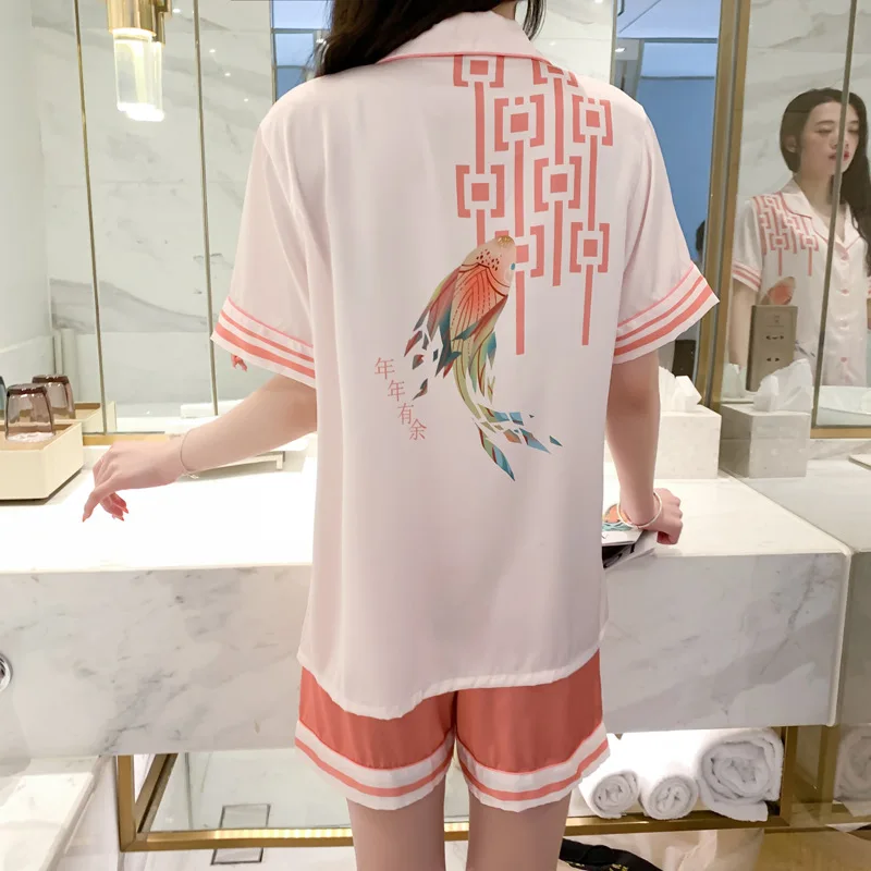 

Women Pajamas Set Short Sleeve Shorts Two-Piece Suit Sweet Pink Print Sleepwear Summer New Silk Rayon Pyjama Pour Femme Homewear