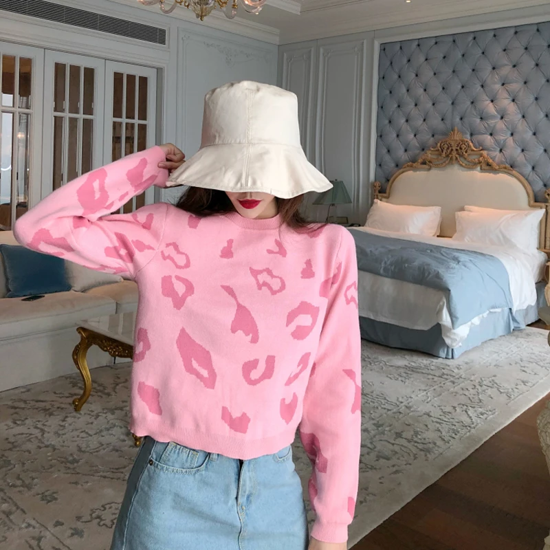 women pink leopard sweater crew neck knitted pullovers long sleeve winter autumn casual sweet M0039 | Женская одежда
