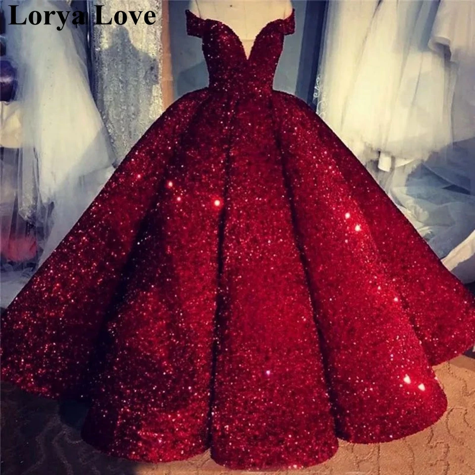 

Wine Red Ball Gown Sequin Long Evening Dresses 2020 Women Formal Party Night Robe De Soiree Prom Gowns Off The Shoulder Vestidos