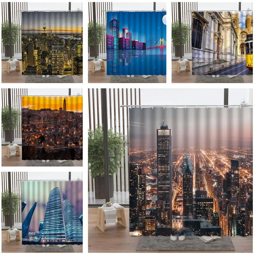 

New York City Shower Curtain Tall Buildings Architecture Rain Night Lamp Sky Scenery Bathroom Set With Hook Home Bathtub Decor