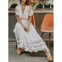 women white party dress mesh patchwork floral embroidery short sleeve long dresses loose casual female clothes new outfits 2021