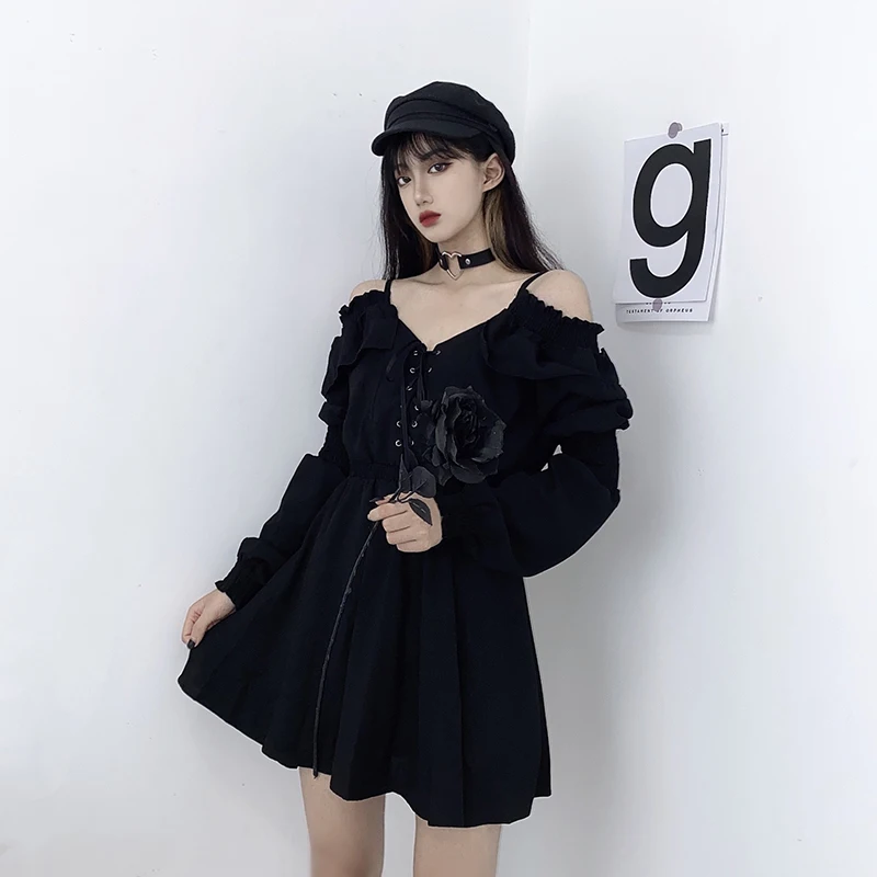 

Women dress demon girl original black spring and autumn 2021 sexy high waist femme dress shoulder long sleeve gothic dress